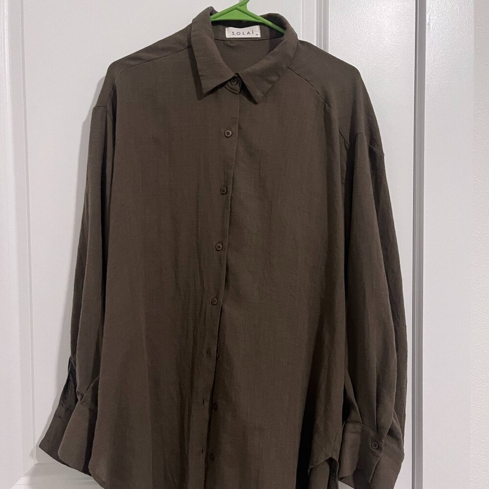 Solai Sheer Button-Down Shirt – Olive / Taupe